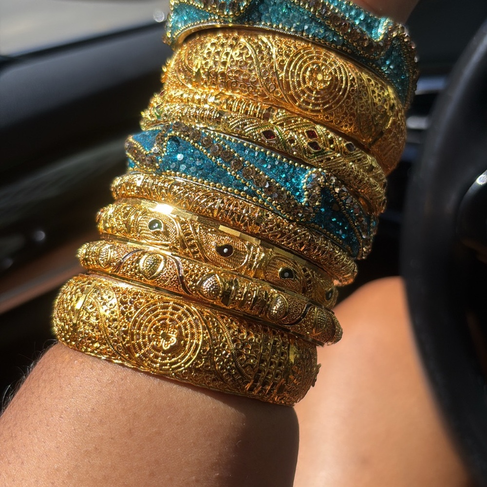 Gold and Teal Filigree Stackable Bangle Set - Women Jewelry